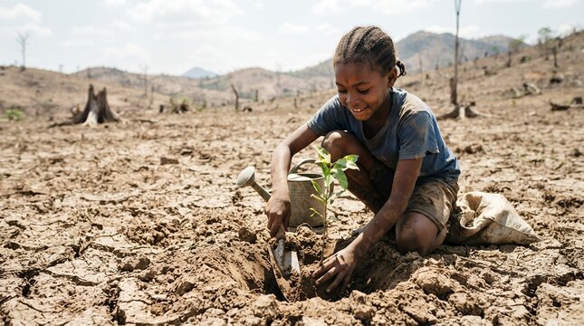 Young child planting a sapling in dry cracked earth symbolizing hope and environmental restoration.