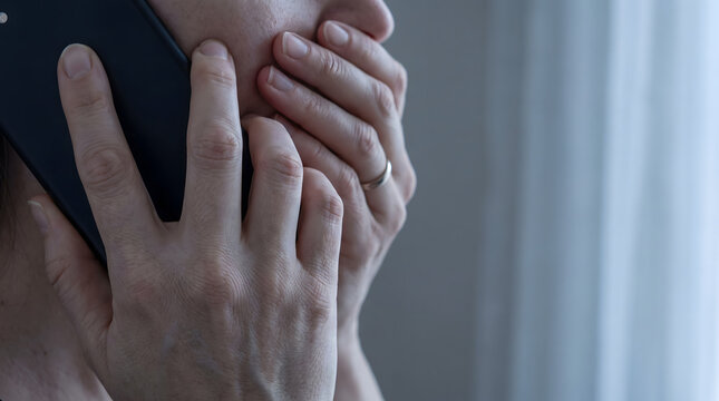 Shocked female covering mouth during mobile phone call feeling anxious stressed or scared by bad news received