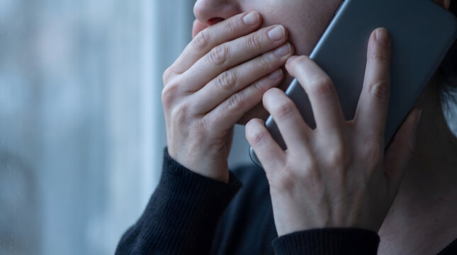 Shocked woman covering mouth with hand while holding smartphone talking on call feeling panic anxiety or grief
