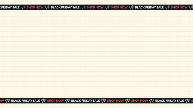 Seamless looping background animation of top and bottom stripes with Black Friday Sale text moving left and right with beige cream checkered grid text copy space. Flat style promo banner concept