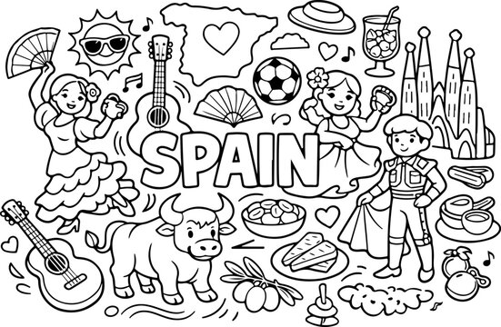 Spanien, Sehensw&uuml;rdigkeiten, Cartoon-Umrisse, handgezeichnete Linienkunst-Illustration, Doodle-Kunst-Malvorlage f&uuml;r Kinder
