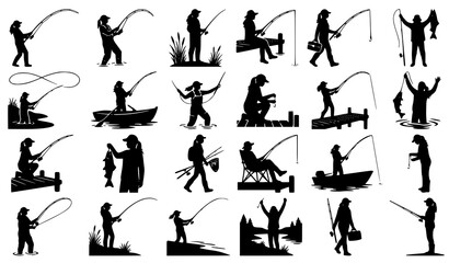 Obraz premium Woman Fishing Silhouette Vector Set with Angler Outdoor Recreation Black White Collection