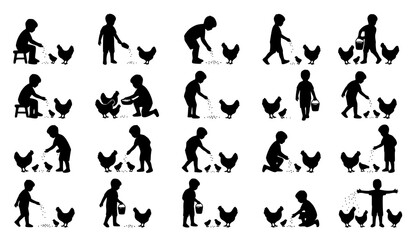 Boy Feeding Chickens Silhouette Vector Set with Farm Child and Poultry Black White Collection
