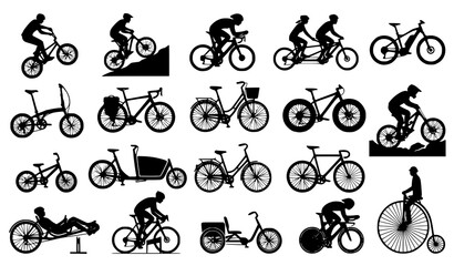 Fototapeta premium Cycling Bicycle Silhouette Collection with BMX Freestyle Mountain and Electric Bikes Vector
