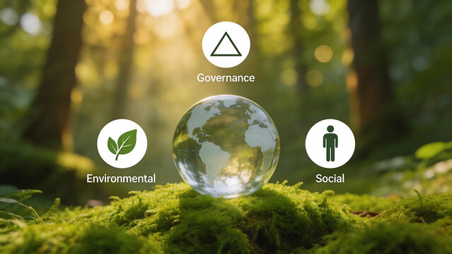 Glass globe in forest with icons