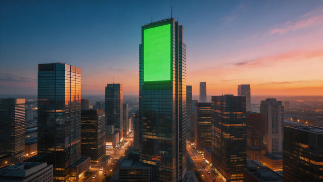 City skyline with illuminated buildings at dusk
