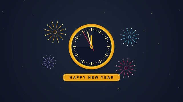 Golden Animated Clock Ticking and Exploding with Colorful Fireworks in Dark Night Sky
