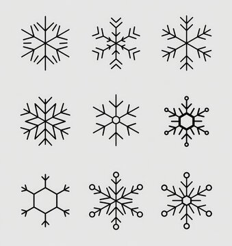 Snowflake Collection: A curated set of nine intricate snowflake icons, each displaying unique crystalline patterns and geometric symmetry, rendered in a clean.