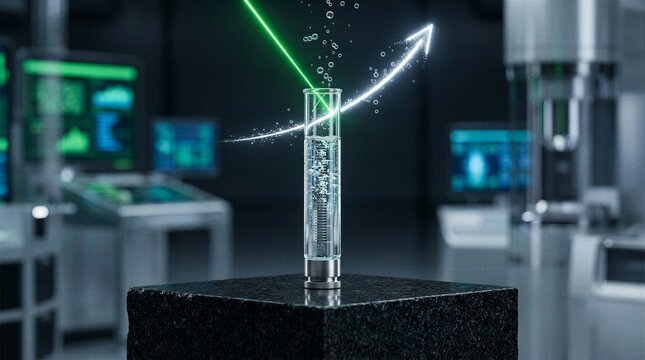 Green hydrogen future energy test tube with vertical laser beam and rising growth chart scientific illustration for environmental sustainability and carbon neutral projects