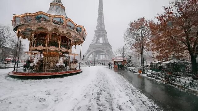 Paris, France, Europe. A winter scene in Paris, France, depicts the Eiffel Tower as the focal point. A carousel with ornate carvings, illuminated by warm, golden lights, is the main subject.