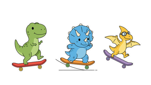 Cute Cartoon Dinosaurs Riding Skateboards Vector Illustration.