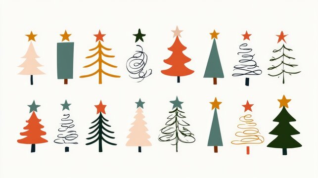 Festive Array of Stylized Christmas Trees: A collection of charming and diverse Christmas tree illustrations, each adorned with a star, arranged in a festive composition.