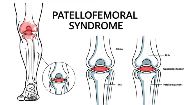 Patellofemoral Syndrome Medical Anatomy Diagram Showing Knee Joint, Patella Alignment, Cartilage Stress, and Anterior Knee Pain for Orthopedic Education