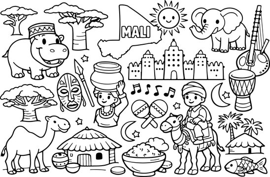 Mali, Wahrzeichen-Cartoon-Umrisse, handgezeichnete Linienkunst-Illustration, Doodle-Kunst-Malvorlage f&uuml;r Kinder