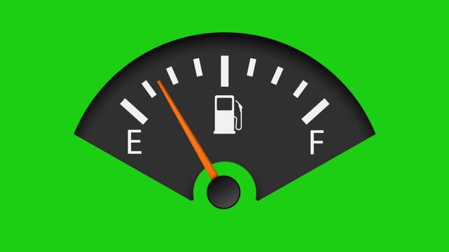 Animated fuel gauge needle moving towards empty on green background a graphic animation of an automobile level indicator showing