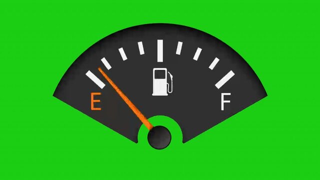 Digital fuel gauge dashboard indicator showing empty tank status on green screen meter vehicle car gasoline automotive