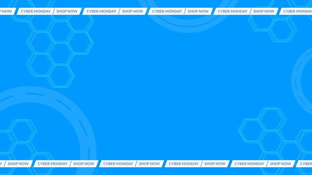 Seamless looping background animation of top and bottom stripes with Cyber Monday text and blue center copy space featuring honeycomb pattern ornaments. Flat style promo frame backdrop concept