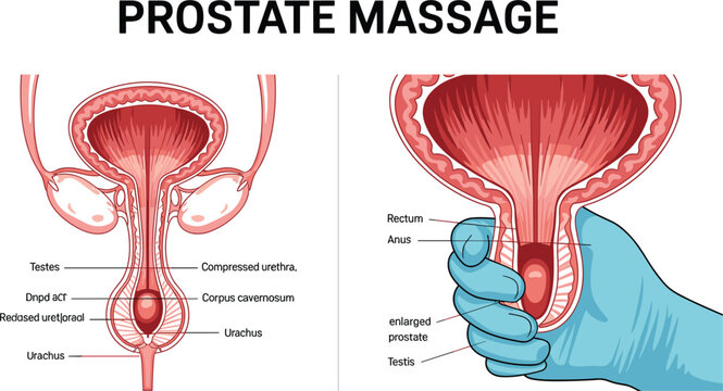 Prostate Massage Medical Anatomy Diagram Showing Male Pelvic Anatomy, Prostate Gland, Rectal Examination Technique, and Urological Healthcare Education Illustration