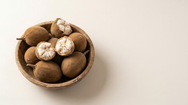 Fresh brown sapodilla fruits in a wooden bowl on a light table. baobab fruit bowl