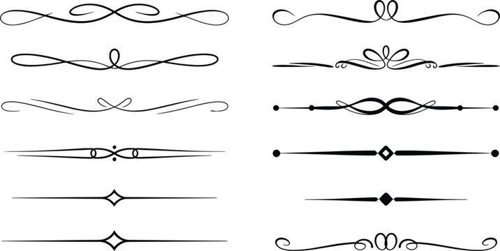 Vintage calligraphic divider set featuring elegant black line flourishes swirls and decorative paragraph text border elements