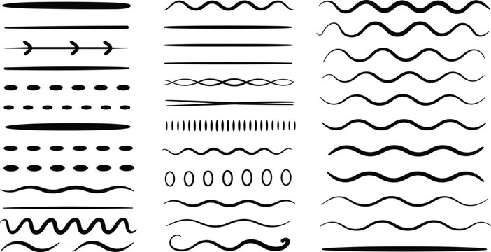 Hand drawn wavy underline lines and dashed border brush strokes vector set for text highlight decoration