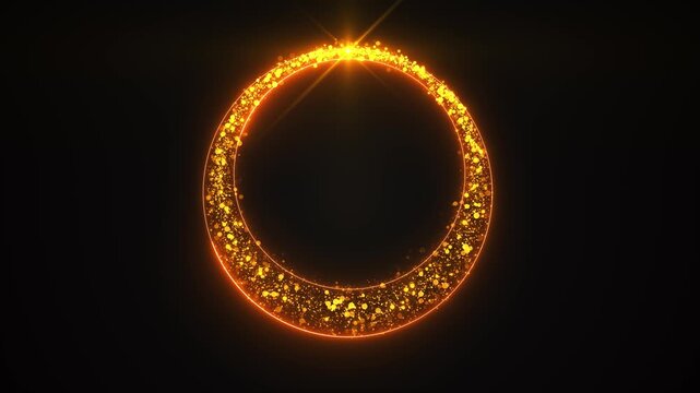 A glowing golden particle circle glows upon black, creating an elegant video frame for logos, awards, luxury products, celebration titles, wedding intros, festive greetings, and premium brand reveals.