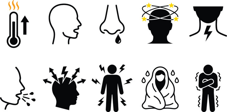 Medical flu and cold symptoms icon set, 10 illness signs in flat vector style, fever and headache icons for healthcare infographics