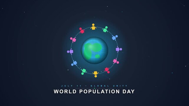 Colorful Figures Orbiting a Rotating Globe in Dark Space