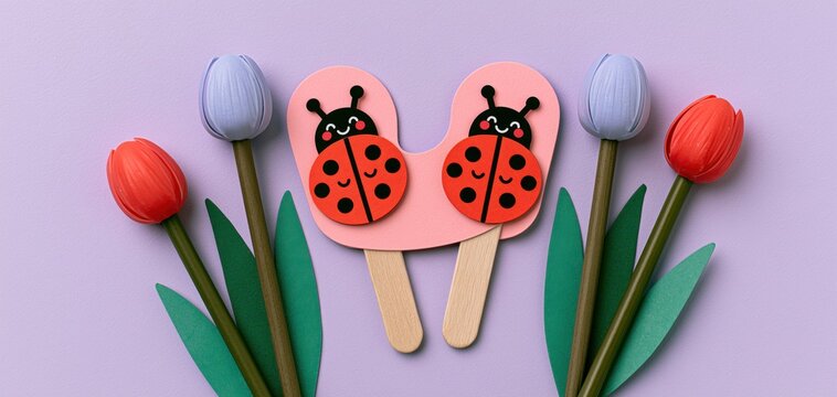 Handcrafted paper puppet ladybugs amidst colorful tulips on pastel background