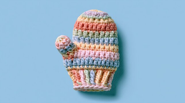 Handcrafted pastel striped crochet baby mittens on light blue background