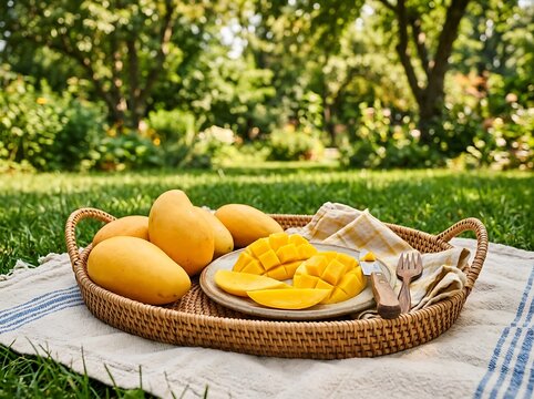 Fresh yellow mangoes on a wooden tray for a picnic in a sunny green garden. ataulfo mango