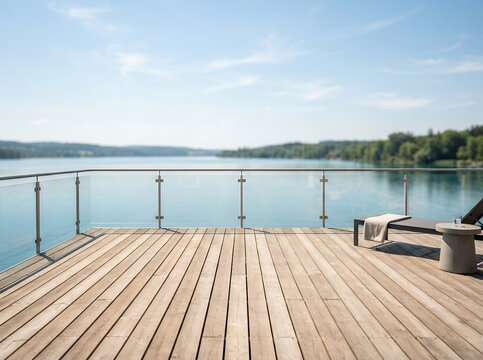 Wooden deck overlooking a serene lake with lounge chairs and clear sky.