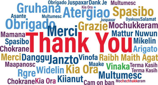 Multilingual thank you word cloud, international gratitude concept in various languages, global appreciation vector background for business