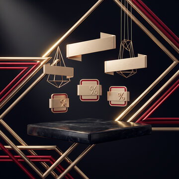 3D Black Marble Square Podium with Gold Frames and Percentage Icons