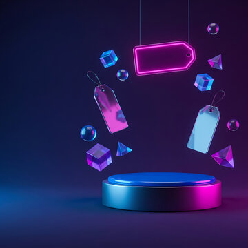 3D Glowing Neon Price Tags Floating Around Blue Metallic Podium
