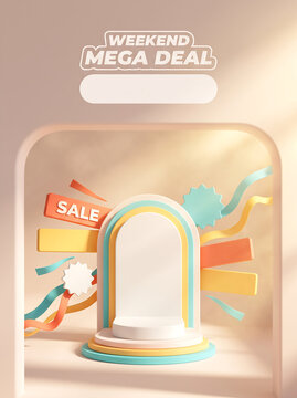 3D Pastel Podium with Weekend Mega Deal Text and Arch Elements