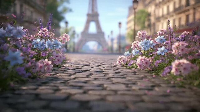 Paris, France, Europe. A vivid portrayal of the Eiffel Tower in Paris, France, bathed in soft, golden light. The scene is set on a cobblestone street.