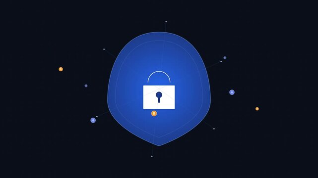 Crypto asset security orbit animation with shield and orbiting particles