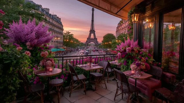 Paris, France, Europe. A vivid portrayal of a Parisianstyle cafe overlooking the Eiffel Tower at sunset. The scene is bathed in a warm, golden light.