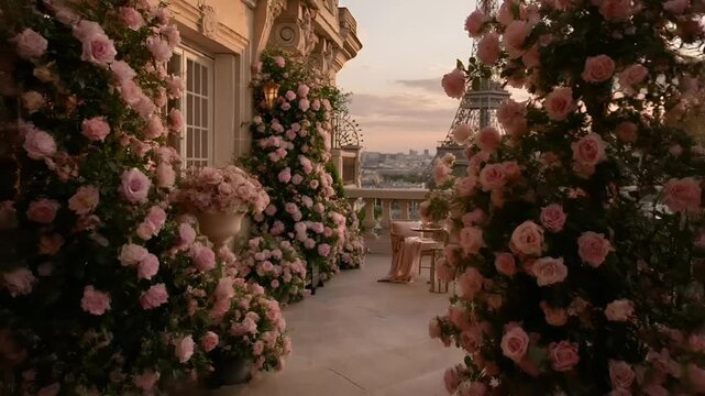 Paris, France, Europe. A vivid portrayal of a luxurious balcony overlooking the Eiffel Tower in Paris, France. The balcony is adorned with lush pink roses, cascading over the buildings facade.