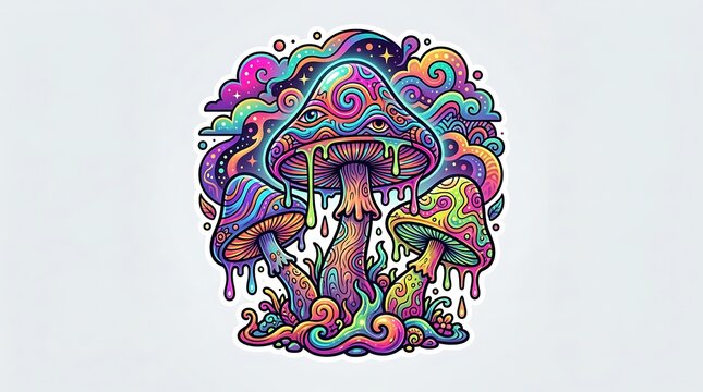 Psychedelic mushroom art with colorful swirls and dripping patterns