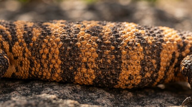 Close up of a Gila Monster lizards patterned skin with orange and black bands.