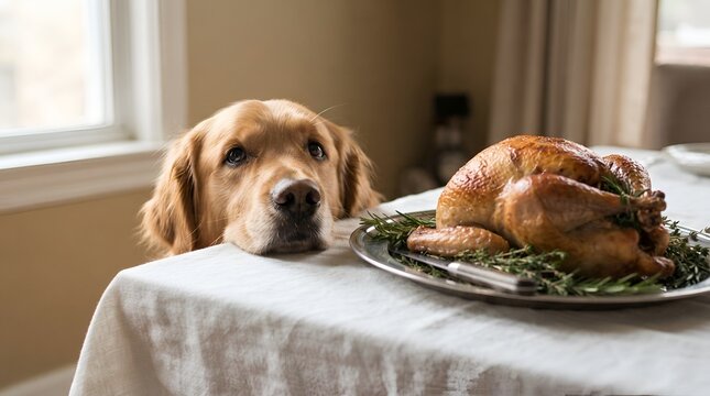 A golden retriever dog rests its chin on a dining table, looking longingly at a roasted whole turkey served on a silver platter with herbs
