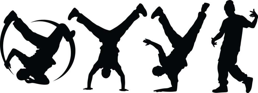 Set of black breakdancing silhouettes featuring urban hip-hop dancers in dynamic poses like headspin and handstand for sports, music, and street culture themes