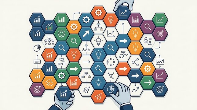 Hands assembling colorful honeycomb business icons strategy concept