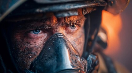 Fototapeta premium Close up of a firefighter wearing a protective mask with intense blue eyes and smudged soot