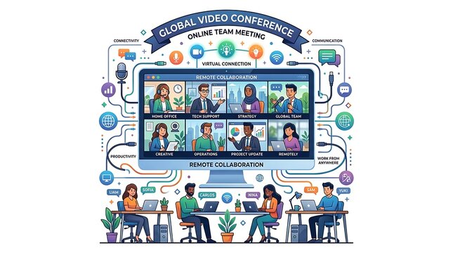 Global video conference and remote teamwork collaboration concept