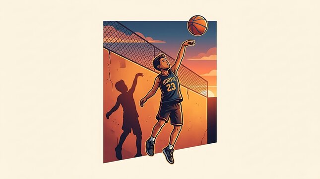 Young boy shooting a basketball on an outdoor court at sunset