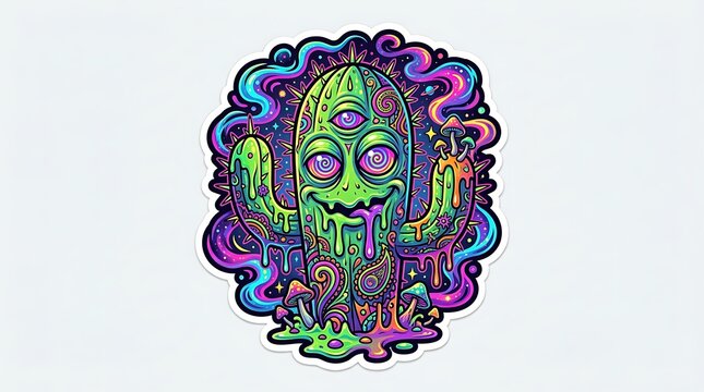 Psychedelic three eyed cactus sticker with melting neon colors
