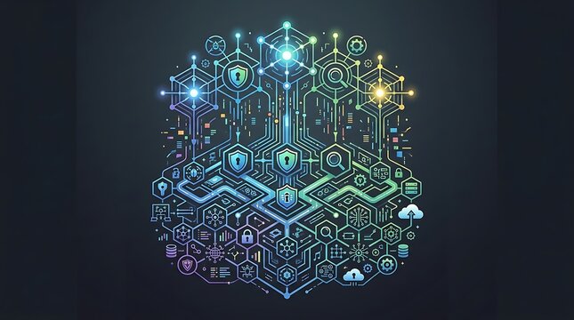 Cybersecurity network with digital locks and data protection icons